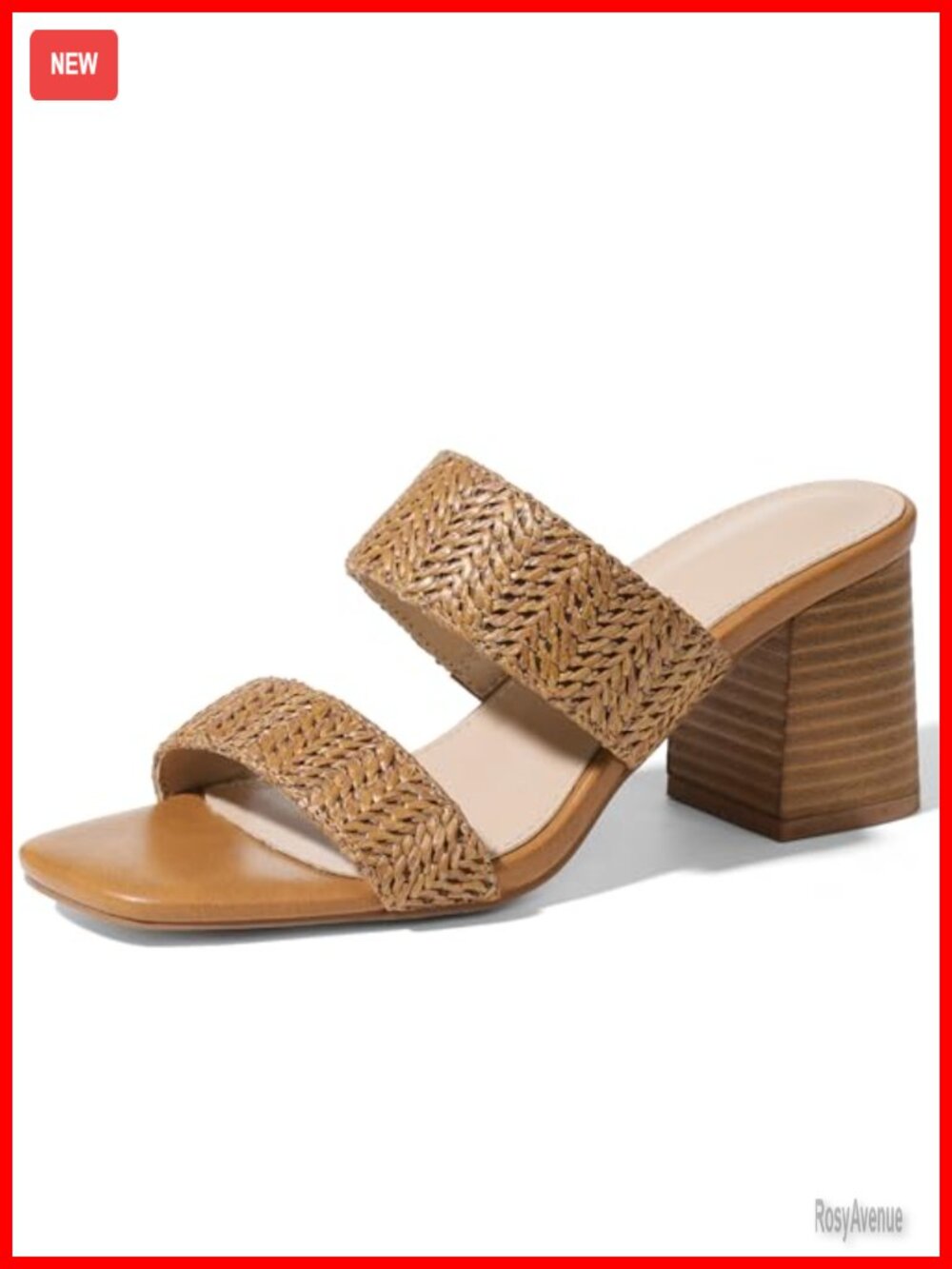 Women's Raffia Block Heel Sandals Double Strap Square Open Toe Slip On